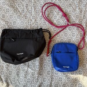 Topologie Blue Crossbody Bag with Rope Strap & black reversible bucket bag